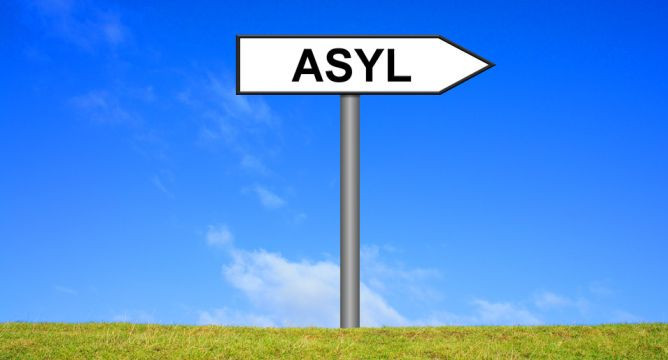 Das Bild zeigt ein Wegweiserschild mit der Aufschrift "Asyl" auf grünem Gras vor blauem Himmel.