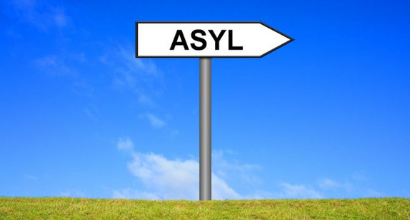 Das Bild zeigt ein Wegweiserschild mit der Aufschrift "Asyl" auf grünem Gras vor blauem Himmel.