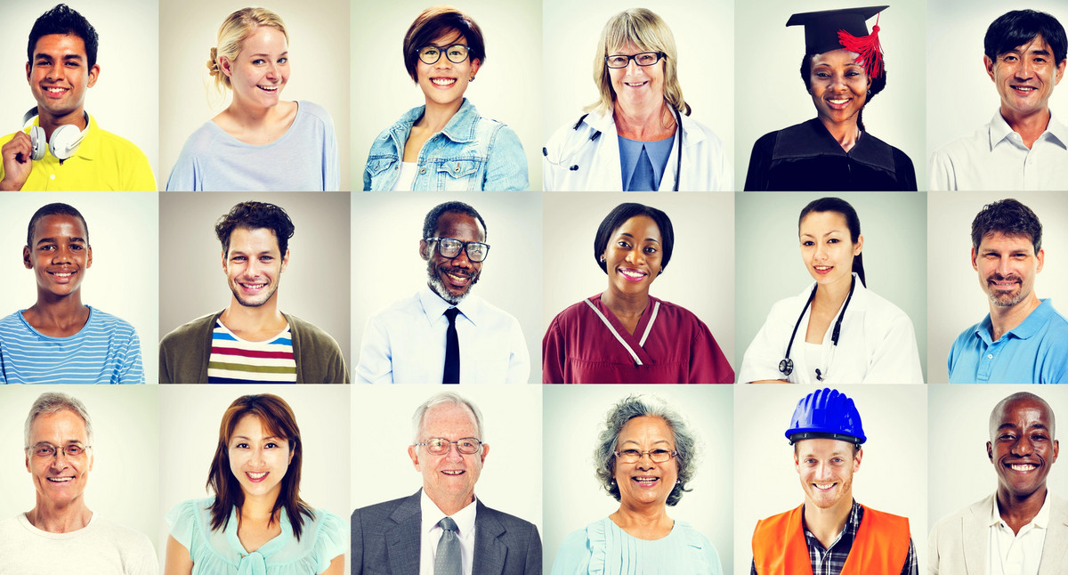 Das Bild zeigt diverse Portraits mit Menschen verschiedener Herkunft.  