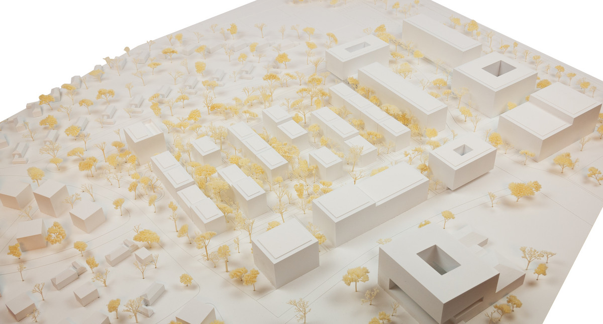 Das Bild zeigt ein 3-D-Modell eines Areals mit verschiedenen Gebäuden. 
