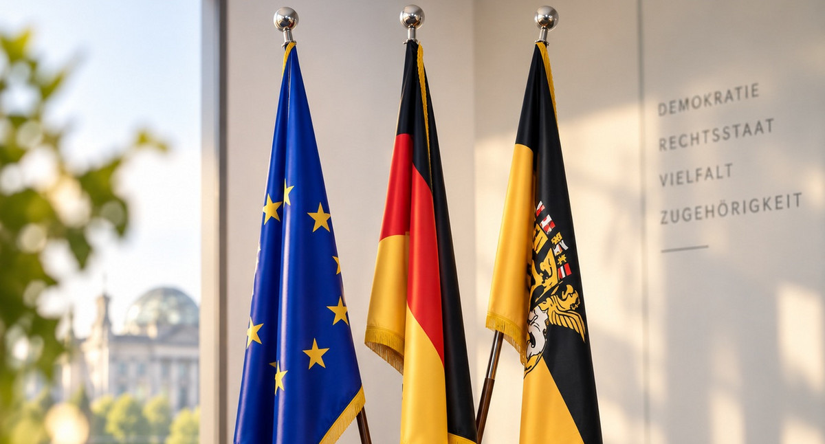 Das Bild zeigt einen Flaggenständer mit der Europaflagge, der Deutschlandflagge und der Flagge Baden-Württembergs.