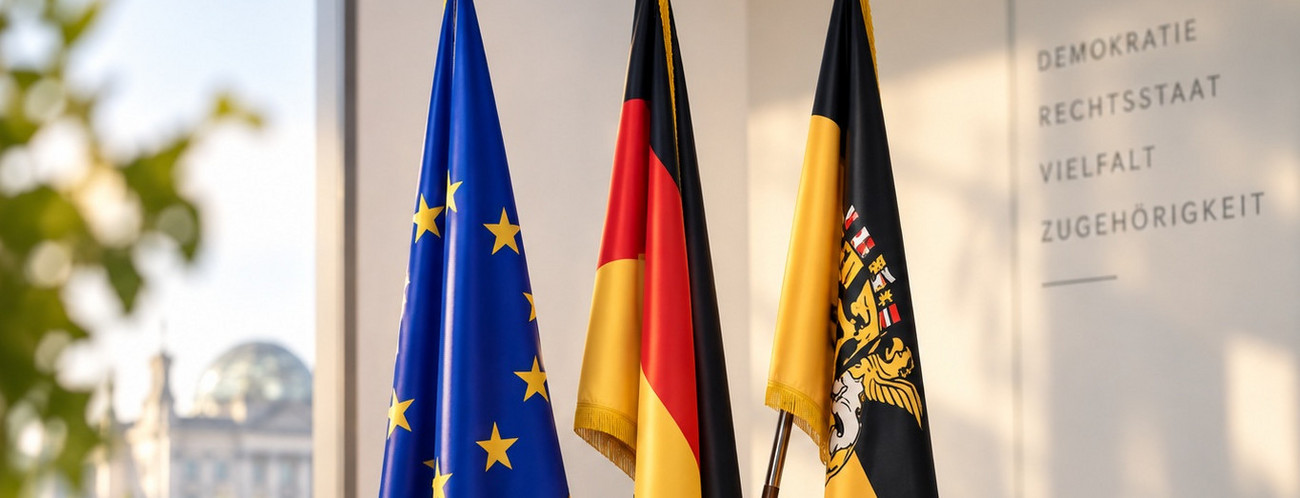 Das Bild zeigt einen Flaggenständer mit der Europaflagge, der Deutschlandflagge und der Flagge Baden-Württembergs.