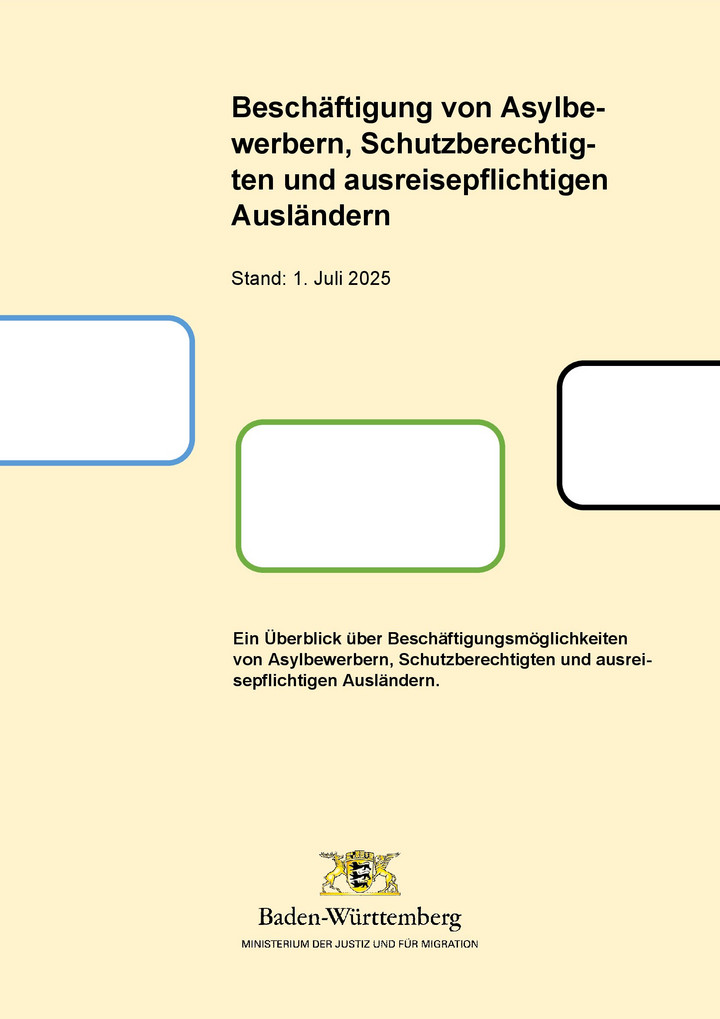 Das Bild zeigt das Titelbild f&uuml;f den Flyer "Besch&auml;ftigungsm&ouml;glichkeiten von Asylbewerbern, Schutzberechtigten und ausreisepflichtigen Ausl&auml;ndern, Stand Juli 2025"