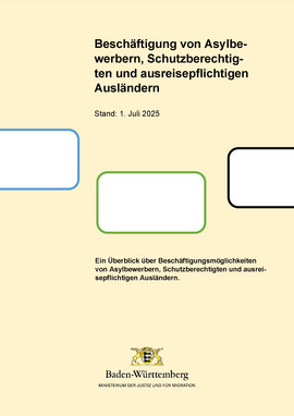 Das Bild zeigt das Titelbild füf den Flyer "Beschäftigungsmöglichkeiten von Asylbewerbern, Schutzberechtigten und ausreisepflichtigen Ausländern, Stand Juli 2025"