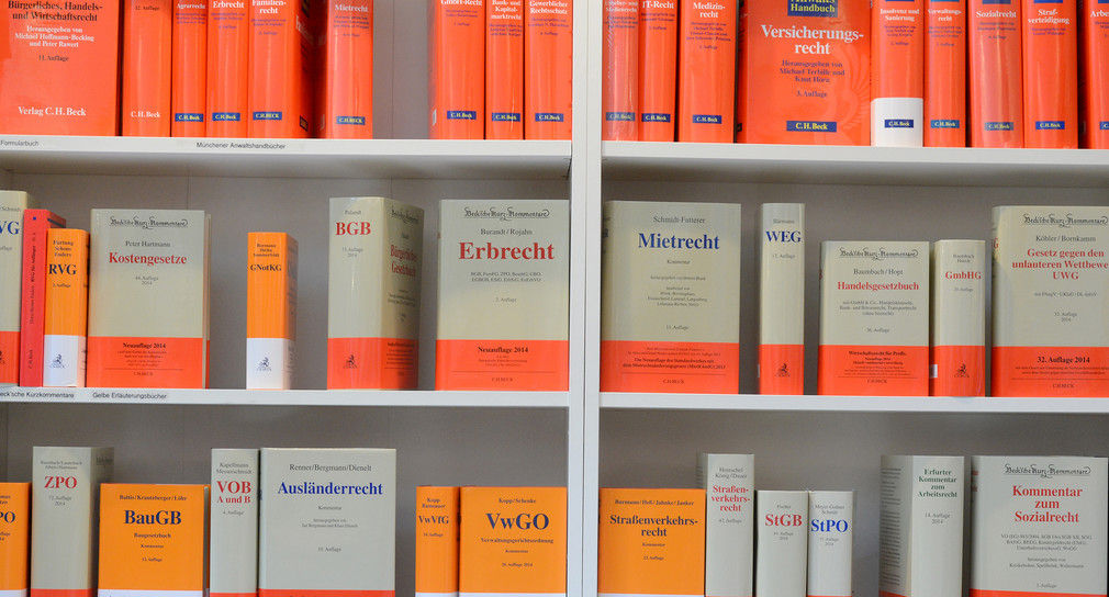 Fachliteratur zum Thema „Recht“ ist an einem Stand beim Deutschen Anwaltstag in Stuttgart zu sehen. (Bild: dpa)