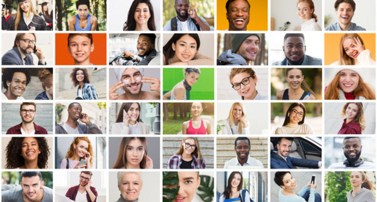 Collage of diverse multiethnic candid people smiling over colorful background