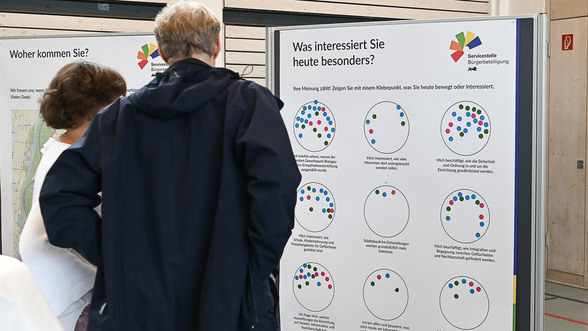 Das Bild zeigt einen Mann und eine Frau, die sich ein Schaubild mit verschiedenen Diagrammen an einem Infostand anschauen.