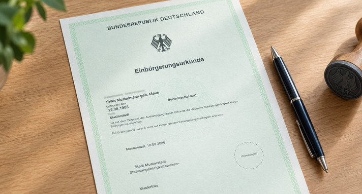 Das Bild zeigt das Musterexemplar einer Einbürgerungsurkunde.