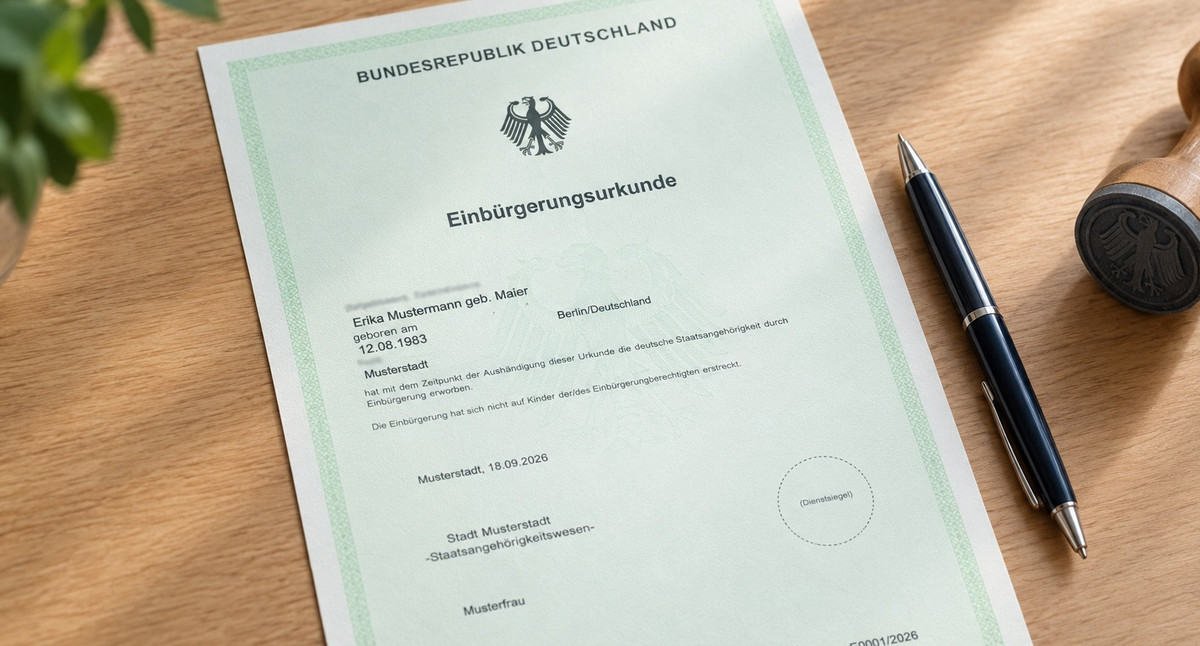 Das Bild zeigt das Musterexemplar einer Einbürgerungsurkunde.
